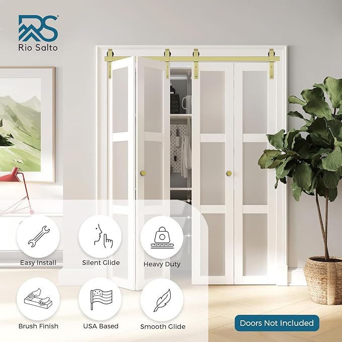 Rio Salto Gold Bifold Sliding Barn Door Hardware Kit Heavy Duty Metal Track System with Matching Knobs Gold Bi-Fold Barn Door Bifold Closet Panel, Bi-Folding 64" Track for 4 Doors, 4 Rollers No Door