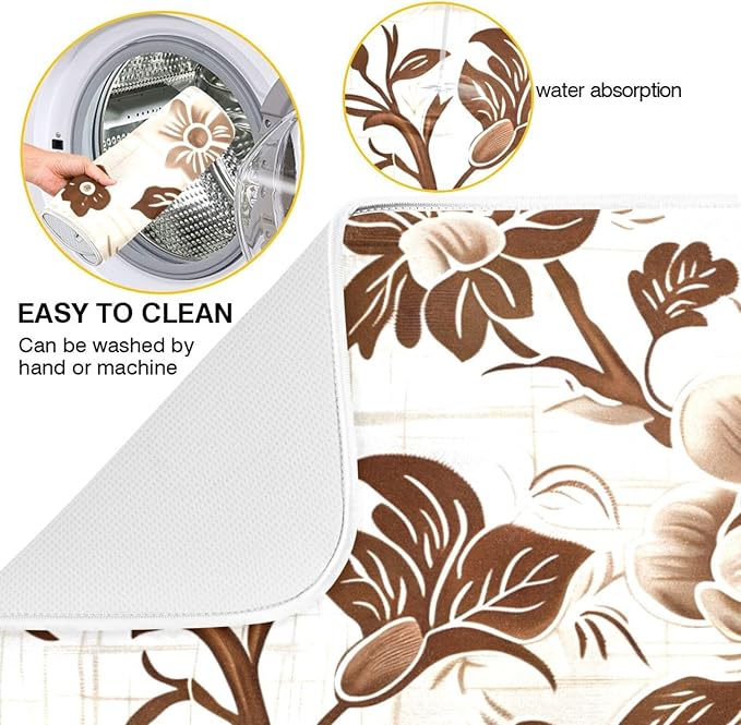 Brown Beige Floral Leaves Dish Drying Mat for Kitchen Counter Absorbent Microfiber Drying Pad, Large 18x24 in