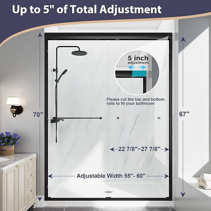 Double Sliding Shower Door, 55"-60" W x 70" H Semi-Frameless Glass Shower Door, 1/4'' (6mm) Clear SGCC Tempered Glass with Explosion-Proof Film and Nano Coating, Matte Black
