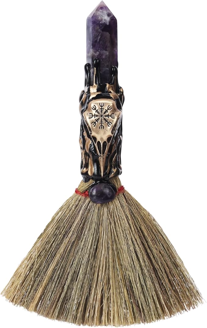 Witchcraft Supplies Witches Broom - Wiccan Decor Raven Altar Supplies with Purple Lepidolite Natural Healing Crystals Hexagonal Points Pagan Decor Reiki Energy Clearing Crafts