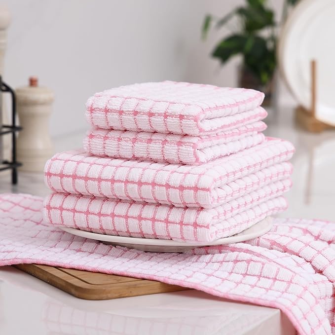 Homaxy Kitchen Towels and Dishcloths Set, 16 x 25 and 12 x 12 Inches, Set of 8 Cotton Terry Kitchen Dish Towels, Super Soft and Absorbent Dish Cloths, Pink