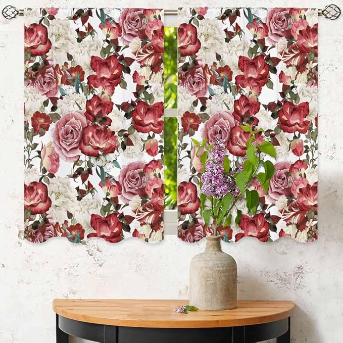 Vintage Floral Kitchen Curtains Red Pink White Peony Roses Bouquet Short Tier Curtains for Bathroom Cafe Small Window Drapes Treatment 2 Panels (27.5x39 Inch)