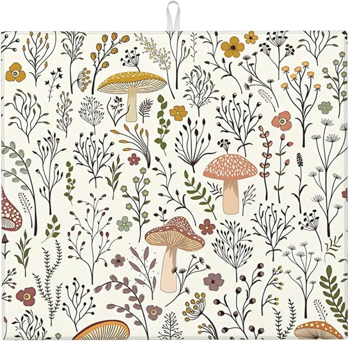 Cute Mushrooms Dish Drying Mat 16x18 inches Microfiber Absorbent Fast Dry Mat for Kitchen Counter Coffee Bar Mushrooms Plants Large Drying Mat Kitchen Decor Gifts (Cute Mushrooms, 16x18 inches)