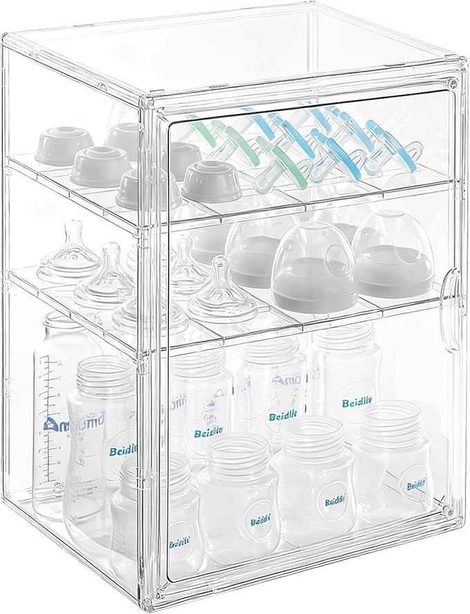Baby Bottle Organizer – 3 Tier Acrylic Bottle Storage Organizer container, Clear Plastic Bottle Station Organizers Drawers for Countertop Kitchen Cabinet Vanity, Bathroom