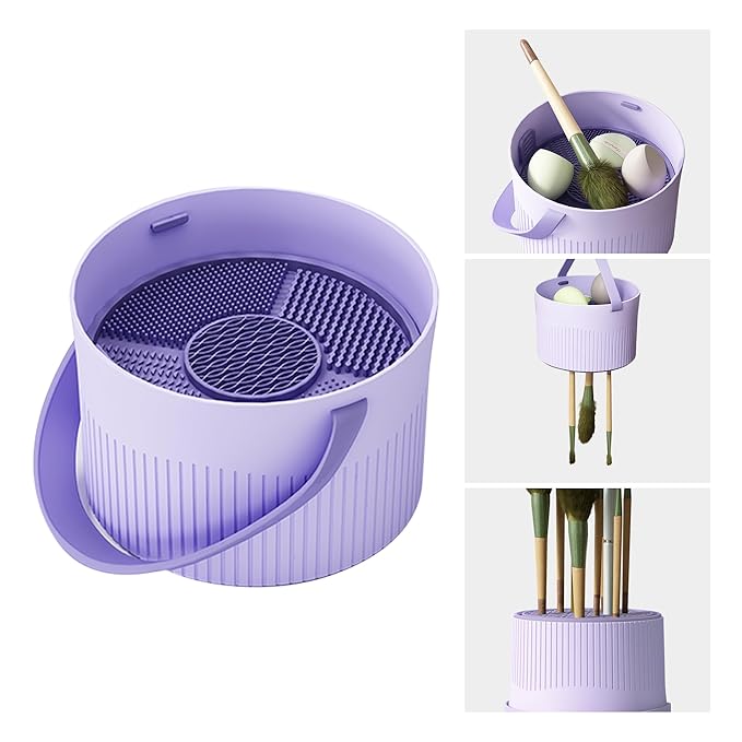 Makeup Brush Cleaner Bowl Rack 3 in 1, Silicone Cleaning Tool with Drying Holder Mat, Organizer Makeup Brush Storage Air Dry Case (purple)