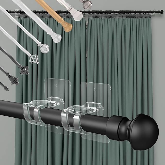 8PCS No Drill Curtain Rod Brackets, Self-Adhesive, Universal, Plastic & Stainless Steel, Wall Mount, Transparent