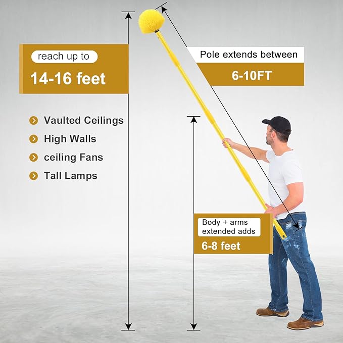 Dusters for Cleaning,Duster, Cobweb Duster with Extension Pole, Medium Stiff Bristles Cobweb Duster Head Ceiling Fan Duster Webster Cobweb Duster for Outdoor Indoor Cleaning (Yellow, 10 FT)