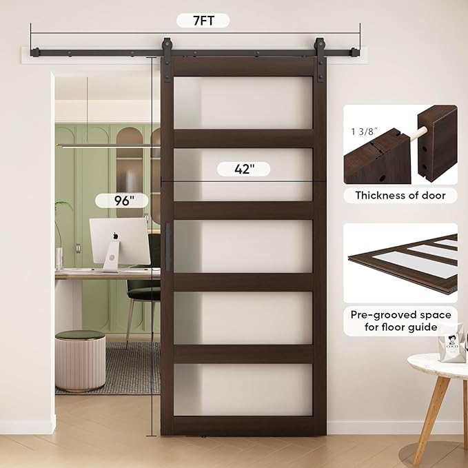 BARNSMITH 42in x 96in Glass Barn Door and 7FT Sliding Door Hardware Included, 5-Panel Frosted Glass Sliding Barn Door, Solid Wood Covered with Water-Proof PVC Surface, Easy Assembly, Brown