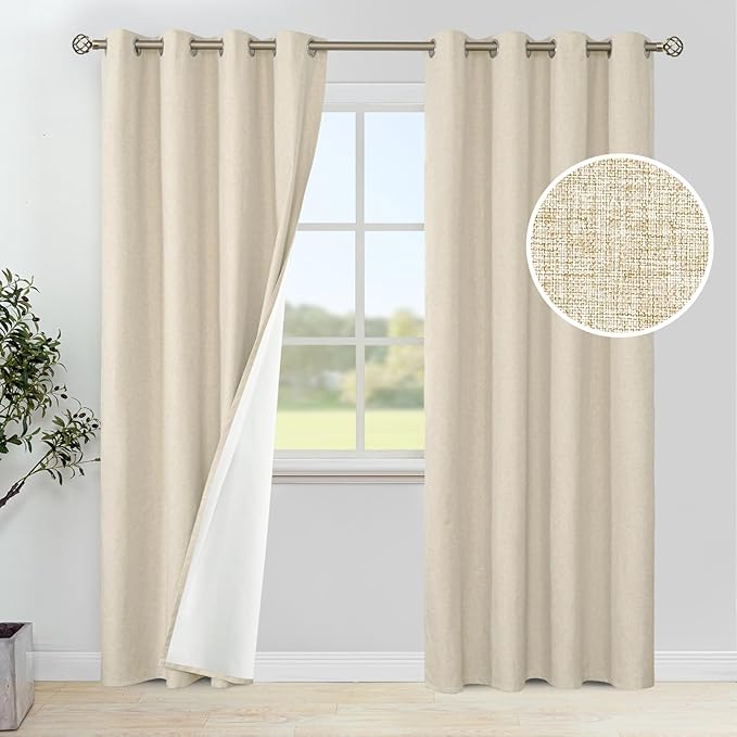 YoungsTex Natural Linen 100% Blackout Curtains 84 Inch Length for Bedroom, Thermal Insulated Drapes with Grommet Room Darkening for Living Room Window, 2 Panels, 52 X 84 Inch
