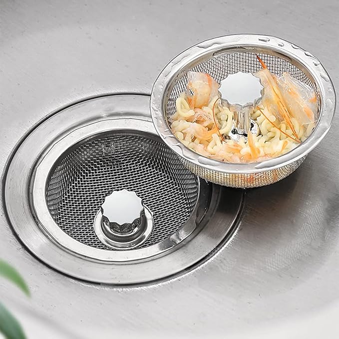 Kitchen Sink Strainer with Handle and Stopper Replacement Kitchen Sink Drain Basket/Stopper/Plug 3.3 Inch Stainless Steel Kitchen Sink Drain Strainer Mesh Sifter Filter(‎Silver)