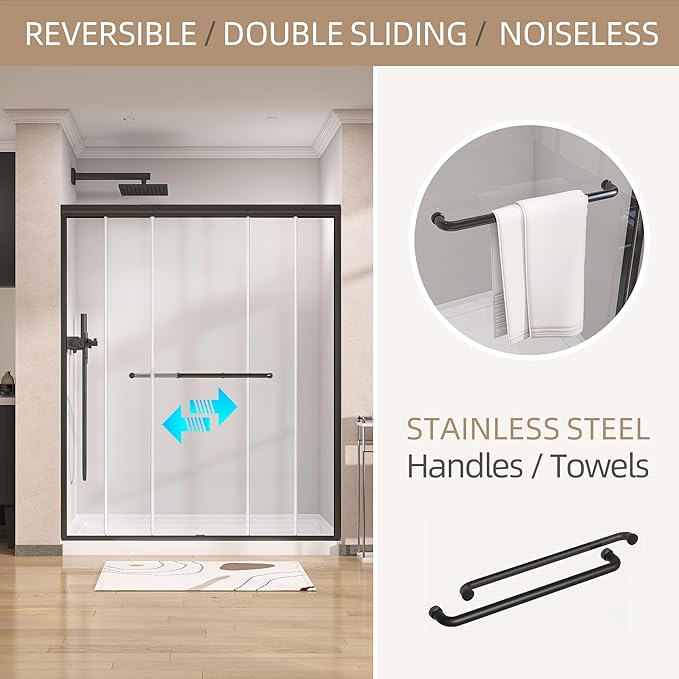 GETPRO Shower Door 56-60 in. W x 72 in. H Semi-Frameless Double Sliding Shower Doors, Bypass Glass Door for Walk-in Shower with 5/16 inch Tempered Glass Matte Black