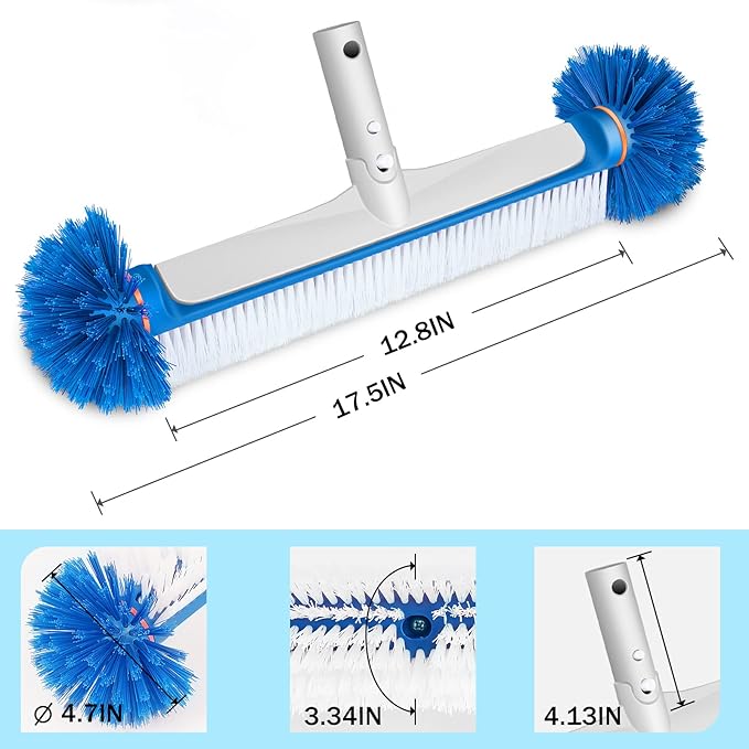 Professional Swimming Pool Brush Head, 17.5'' Aluminum Heavy Duty Pool Brushes for Cleaning Pool Walls, Tiles & Floors, Premium Nylon Bristles Brush with EZ Clips (Round Edge)