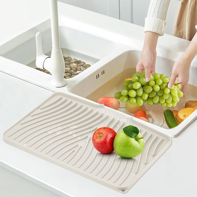 Silicone Dish Drying Mat, Stone Drying Mat for Kitchen Counter with Built-In Drain, Non-Slip Drain Pad with Built-in Drain, Heat Resistant Stone Drying Mat, Cream-2pcs, 16" x 12"