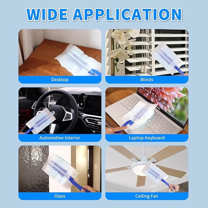 60 Pcs Blue Duster Refills Static Dust Removal Brush Disposable Replacement Head with 1 Handle for Electronics, Furniture, Blinds, Ceiling Fans