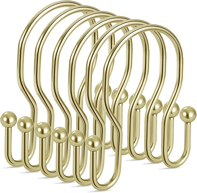 24 Pack Double Shower Curtain Hooks Rings, TENOVEL Double Sided Shower Curtain Hooks Rust Proof for Shower Curtain, Stainless Steel Bathroom Shower Hangers Rings for Shower Rods, Gold