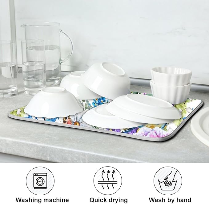 Floral Birds Dish Drying Mat for Kitchen Spring Globe Daisy Butterfly Flowers Microfiber Drying Mats Absorbent Reversible Dish Pad Large Dish Draining Mat 18x24 inch