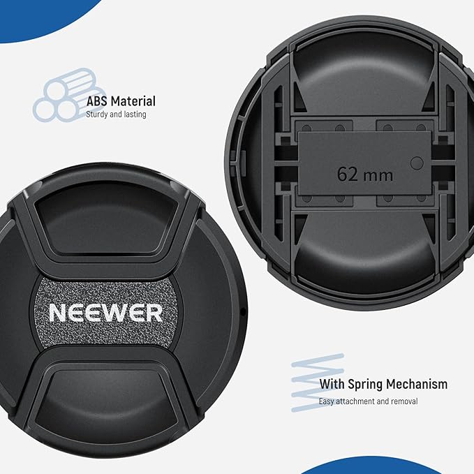 Neewer 62mm Lens Cap Kit (2 Pack), Lens Cover with Anti Loss Strap and Cleaning Cloth, Compatible with Canon Nikon Sony Fujifilm Panasonic Camera Lens of 62mm Diameter