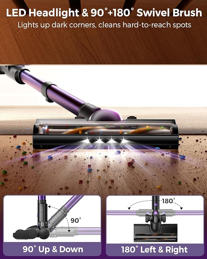 Cordless Vacuum Cleaner, 580W/48Kpa Vacuum Cleaners with 65 Min Runtime, Lightweight Wireless Vacuum with LED Headlights/Screen, wall mount, Removable Handheld Vacuum for Pet Hair/Carpets/Floors/Sofa