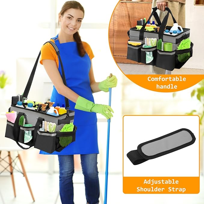 Wearable Cleaning Caddy Organizer with Handle & Shoulder Straps for Cleaners, 5 Compartments, Housekeeping Tote for Kitchen & Bathroom, Car Tool Caddy Organizer Bag (gray)