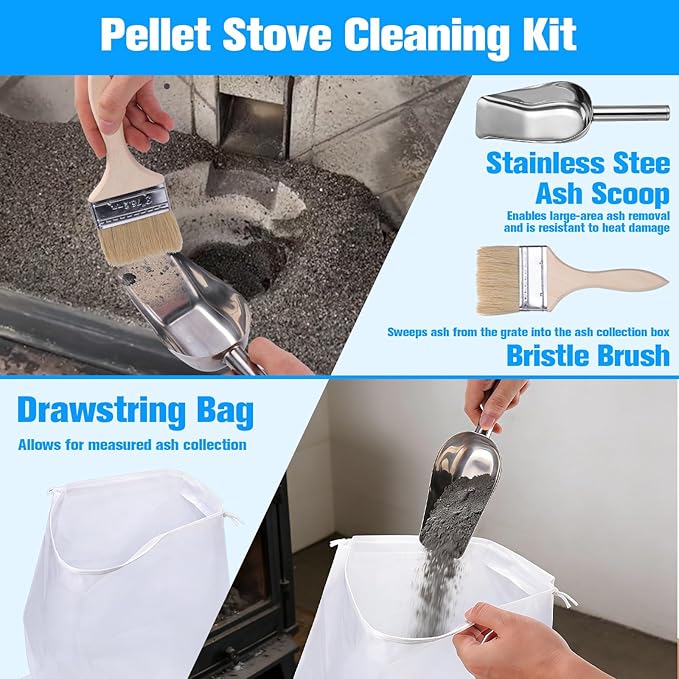 XANGNIER Pellet Stove Cleaning Kit,Pellets Stove Brush Cleaner Accessories Tools-Including Professional Steel Wire Brush,Stainless Steel Shovel,Storage Bag,Cleaning Stove Pellet Indoor