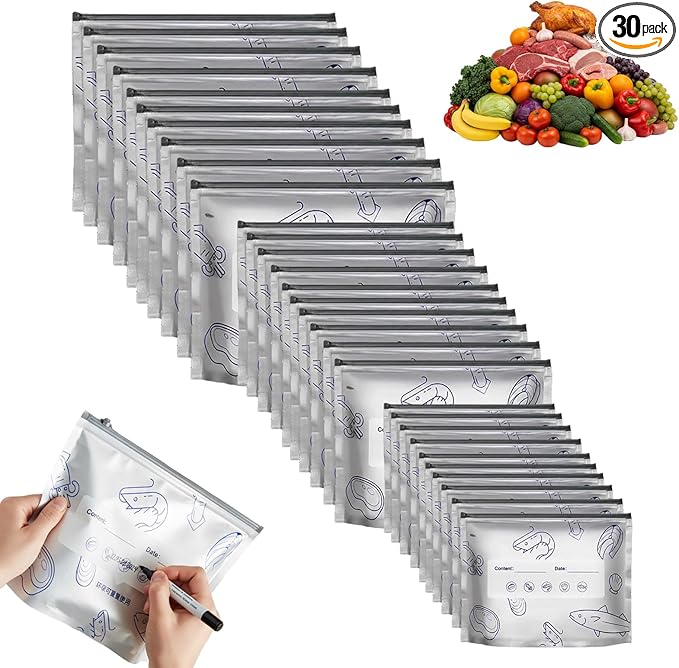 30PCS Reusable Aluminum Foil Sealable Storage Bags, Aluminum Foil Freezer Bag for Food, Stand Up Foil Storage Bags with Label and Zip Lock for Vegetable Fruit Meat (10*S+10*M+10*L)
