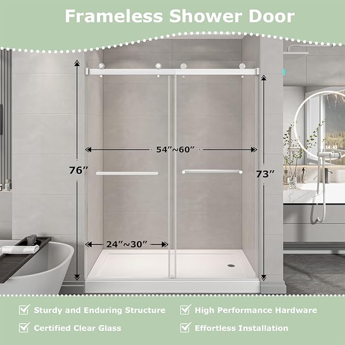 55"-60" W x 76" H Frameless Shower Door, Double Sliding Shower Door,5/16"(8mm) Clear Tempered Glass,Easy Sliding Shower Door with Explosion-Proof Film (Brushed Nickel 60" Wx76 H)