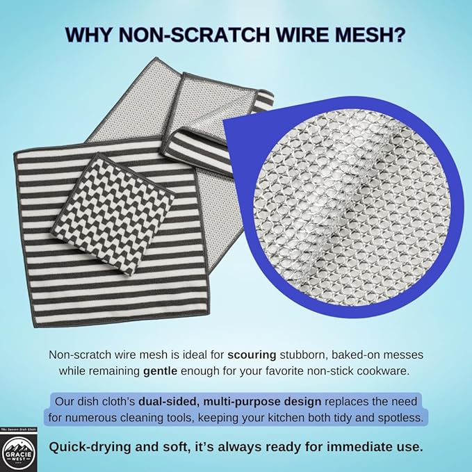 Severn Dish Cloths for Washing Dishes 4pk. Odor-Resistant Dish Rags with Non-Scratch Wire Scrubber Side for Kitchen Cleaning. Grime-Fighting Bamboo-Charcoal Microfiber 2-Sided Dishrags. Machine Wash