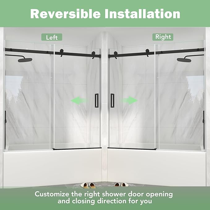 KPUY Frameless Sliding Bathtub Door, 55-60" W x 60" H Tub Shower Door, 1/4" (6mm) Thick Tempered Clear Glass with Explosion-Proof Film Nano Coating, Matte Black