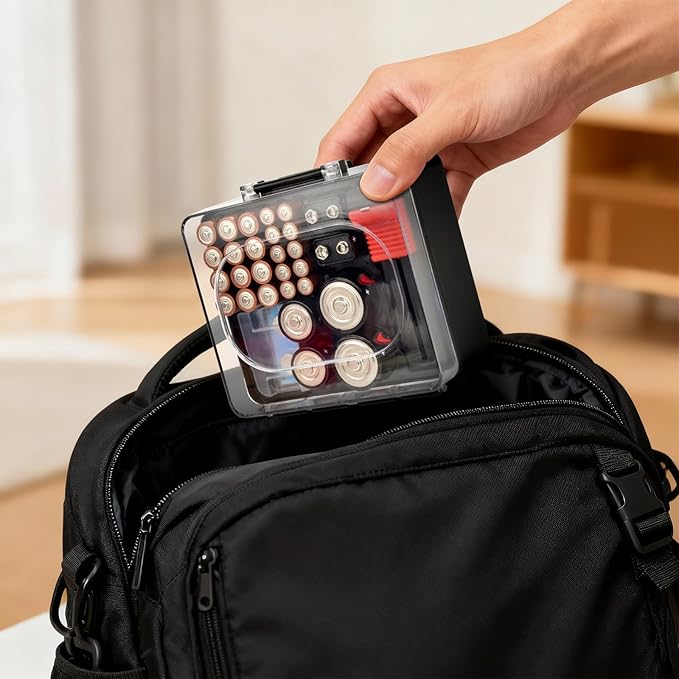 FULLCASE Plastic Battery Organizer with Tester, Battery Storage Case for AA AAA C D 9V Batteries, Portable Battery Holder Box for Home, Travel & Emergency Kits(Case Only) Black