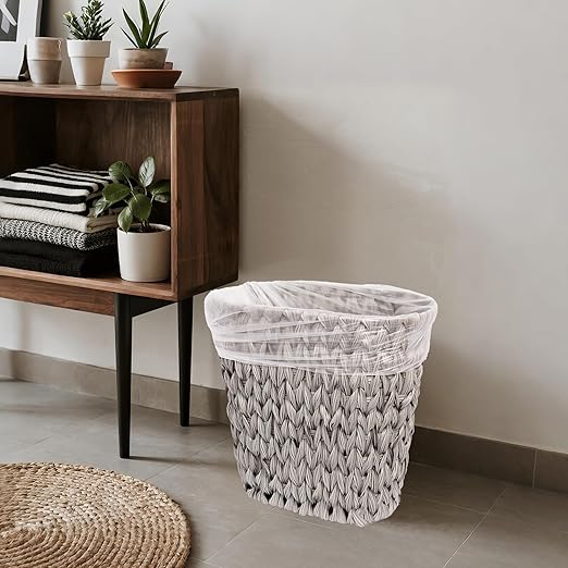 Wicker Trash Can,Waterproof Bathroom Waste Basket,Plastic Wicker Woven Waste Basket with Built-in Handles, 19 Liters/5 Gallons,Decorative Boho Rubbish Bin for Bedroom, Office, Kitchen, Laundry (gray)