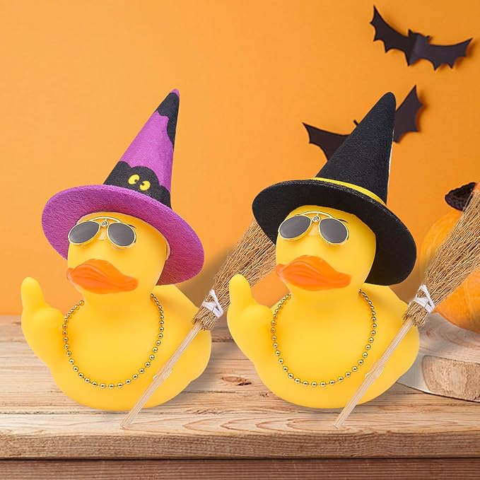 Halloween 3.15" Fun Rubber Duck Witch Duck Car Dashboard Decorations Halloween Witch Hat Broom Sunglasses Necklace for Car Home for Office Accessories