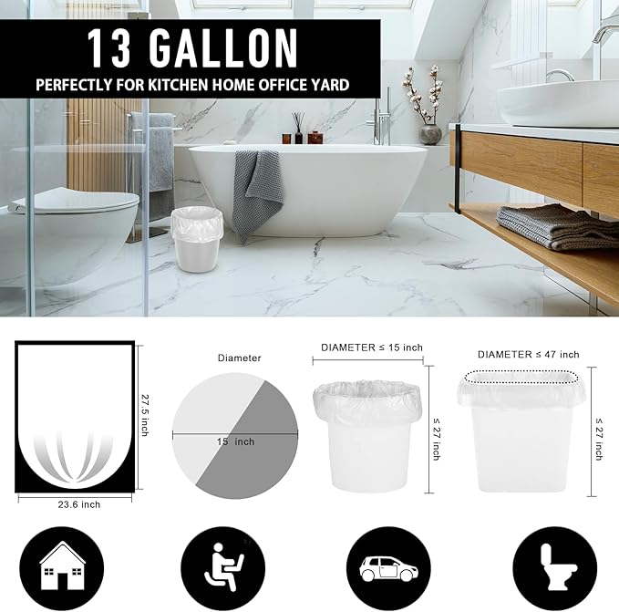 105Counts 13 Gallon Trash Bags, Flexible & Durable Kitchen Garbage Bags, Unscented & Easy Tearing Medium Gallon Trash Bag for Kitchen, Bathroom, Bedroom, Office, Transparent