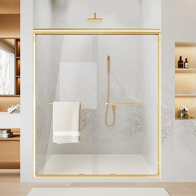 50-54" W x 70" H Double Sliding Shower Door, Semi-Frameless Shower Door with 1/4"(6mm) Clear Tempered Glass, Silent Soft-Close Door for Walk-in Shower, Brushed Gold
