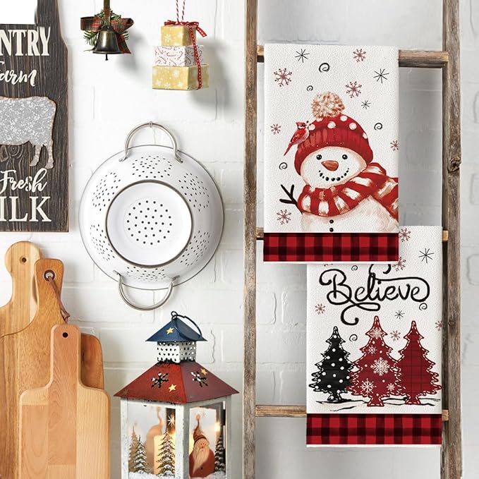 Artoid Mode Red Xmas Tree Snowman Christmas Kitchen Towels Dish Towels, 18x26 Inch Farmhouse Holiday Winter Decoration Cleaning Set of 2