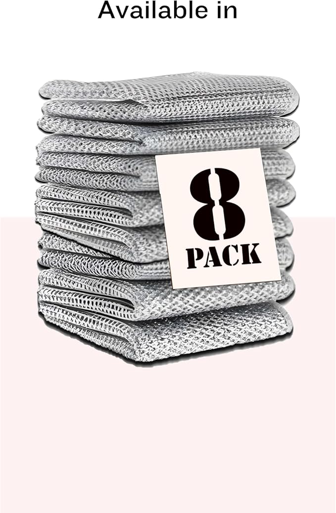 Non Scratch Wire Dishwashing Rag, 8 Pack Double Layer Reusable Wire Dishcloth, Silver Mesh Metal Cleaning Cloth for Pots, Pans, Sink, Steel Cookware, Wet & Dry Cleaning