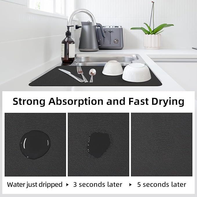 LOPNUR Kitchen Dish Drying Mat, 24"x16" Large Dish Drying Mats for Kitchen Counter, Super Absorbent Dish Drying Pad, Diatomite Coffee Mat Heat Resistant Mat with Anti-slip Rubber Backed, Black