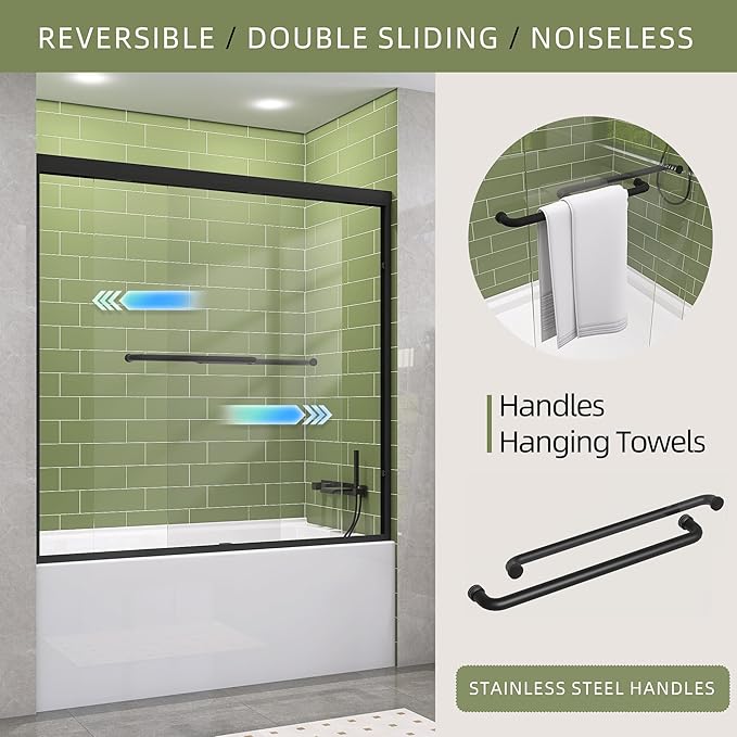 GETPRO Tub Shower Door Sliding 50-54 in. W x 58 in. H Semi-Frameless Bypass Double Sliding Bathtub Door for Bathroom,1/4 inch Clear Tempered Glass Tub Door Matte Black