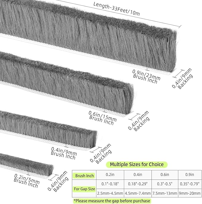 Strong Adhesive Brush Weather Stripping,0.9in Thick x 0.4in(W) x 33FT,Grey for Sliding Windows/Doors - Car Door Seal for Soundproofing,Dustproof,Winter Windproof & Warm,Waterproof,DIY Install