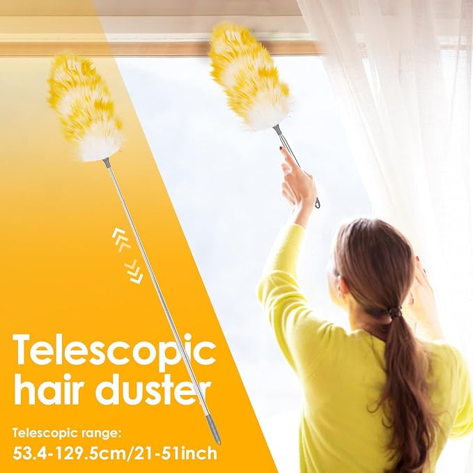 Lambswool Duster, 21"- 51" Extendable Feather Duster with 2 Brush, Long Feather Dusters for Cleaning Fans, Ceiling, Bookshelevs, for Home & Office