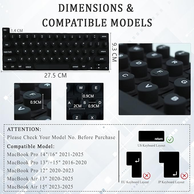 Keyboard Cover for Long Nails, Acrylic Gel Nails - Silicone Keyboard Protector Skin with Raised Keys for Typing and Gaming, Compatible with MacBook Pro/Air 13"/14"/15"/16" 2020-2025 (Black)