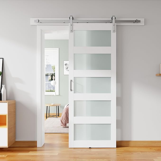 34'' x 84'' Glass Barn Door and 6 Ft Brushed Nickel Hardware Kit Included, MDF White Barn Door Slab with Frosted Glass, PVC Surface, Combined with Handle and Floor Guide-Assembly Required