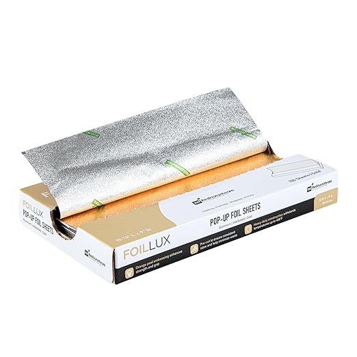 Restaurantware Lux Pop-Up Foil Sheets - 10.8 x 9 Inch, 100 Gold Embossed Aluminum Foil Papers, Greaseproof, Freezable & Oven Ready