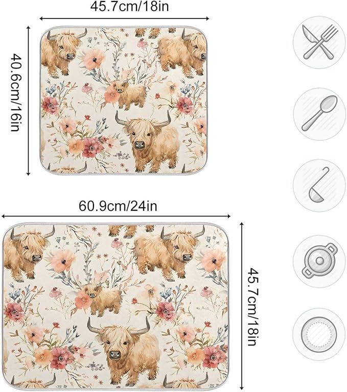Cute Highland Cows Flowers Dish Drying Mat for Kitchen Counter Absorbent Microfiber Drying Pad, Medium 16x18 in, Reversible Drainer Mats
