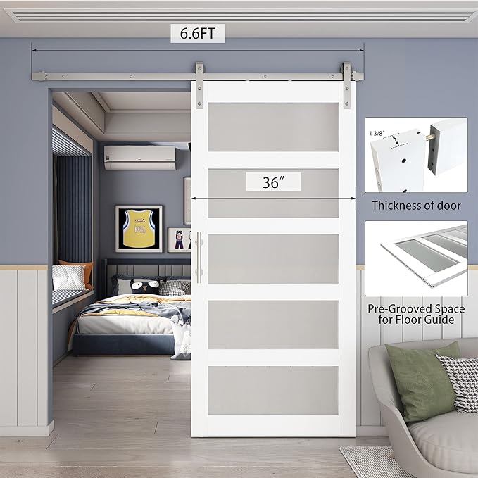 BARNSMITH 36in x 84in 5-Panel Glass Barn Door with 6.6FT Brushed Nickle Sliding Door Hardware Included & Handle, Frosted Glass Solid Wood Water-Proof PVC Surface,Pre-Drilled Easy Assembly,White