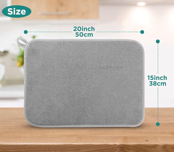 Microfiber Dish Drying Mat, Super Absorbent Kitchen Dish Drying Pad, Reversible for Countertop, 15*20 inch Gray