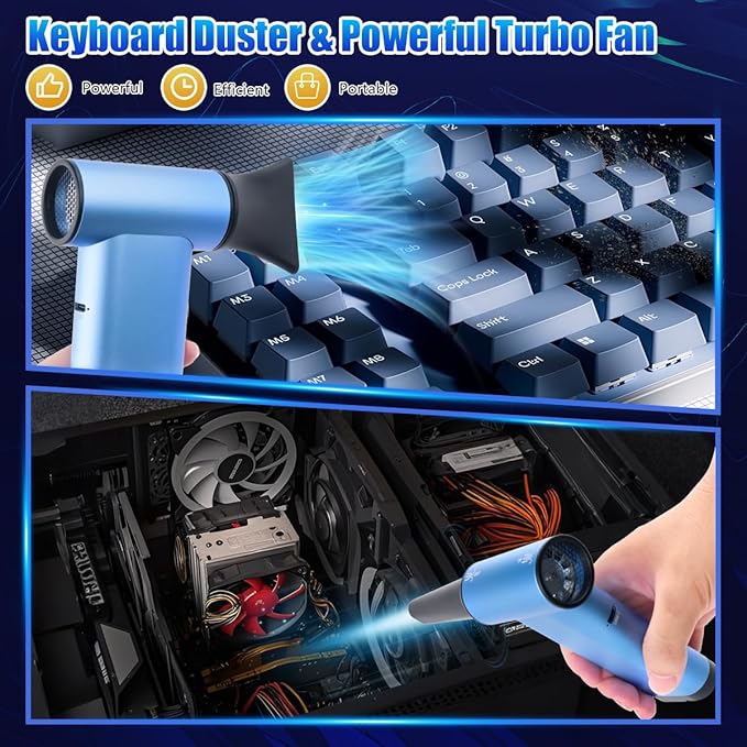 DSHDING Metal Compressed Air Duster - 180000RPM High-Speed Mini Blower Cordless & Vacuum Cleaner with LED Light, 3-Gear Adjustable Rechargeable Dust Blower for PC, Keyboard, Outdoor, House and Car