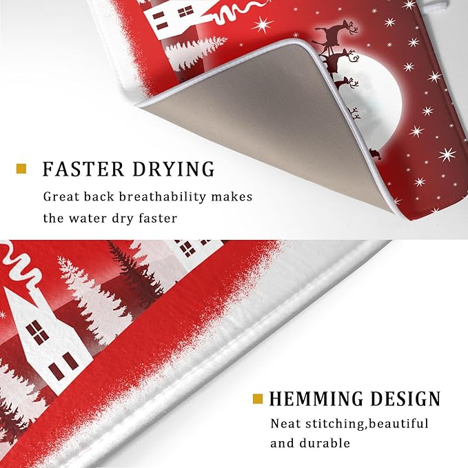 Christmas Reindeer Moon Star Red Dish Drying Mat for Kitchen Counter,White Xmas Tree Castle Drying Mat 18 x 24 Inch with Absorbent Reversible Microfiber Dish Drying Pad for Coffee Bar