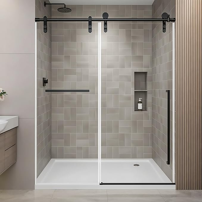 Frameless Shower Door, 56-60" W x 75" H Sliding Shower Glass Door, 5/16"(8mm) Tempered Glass Shower Doors for Walk in Shower with Explosion-Proof Film, Stainless Steel Hardware, Matte Black
