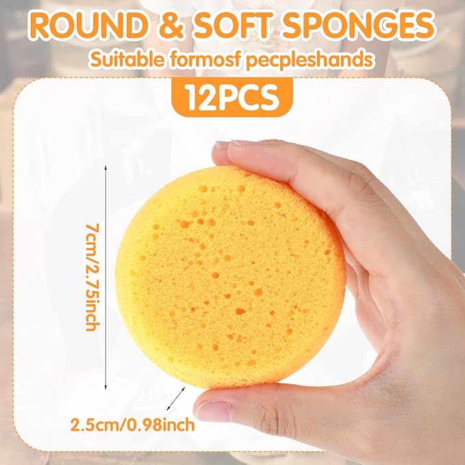 12PCS Kitchen Sponges for Washing Dishes Round Natural Cleaning Sponge,Cellulose Eco-Friendly No Odor, Dusting, Cleaning Bathroom, 7 * 7cm