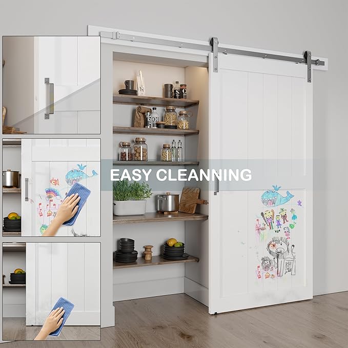 42''x84'' Sliding Barn Door with 7 Ft Brushed Nickel Hardware Kit& Handle& Floor Guides,Pre-Drilled Holes Easy Assembly - Include Installation Manual, Water-Proof PVC Surface, H-Frame